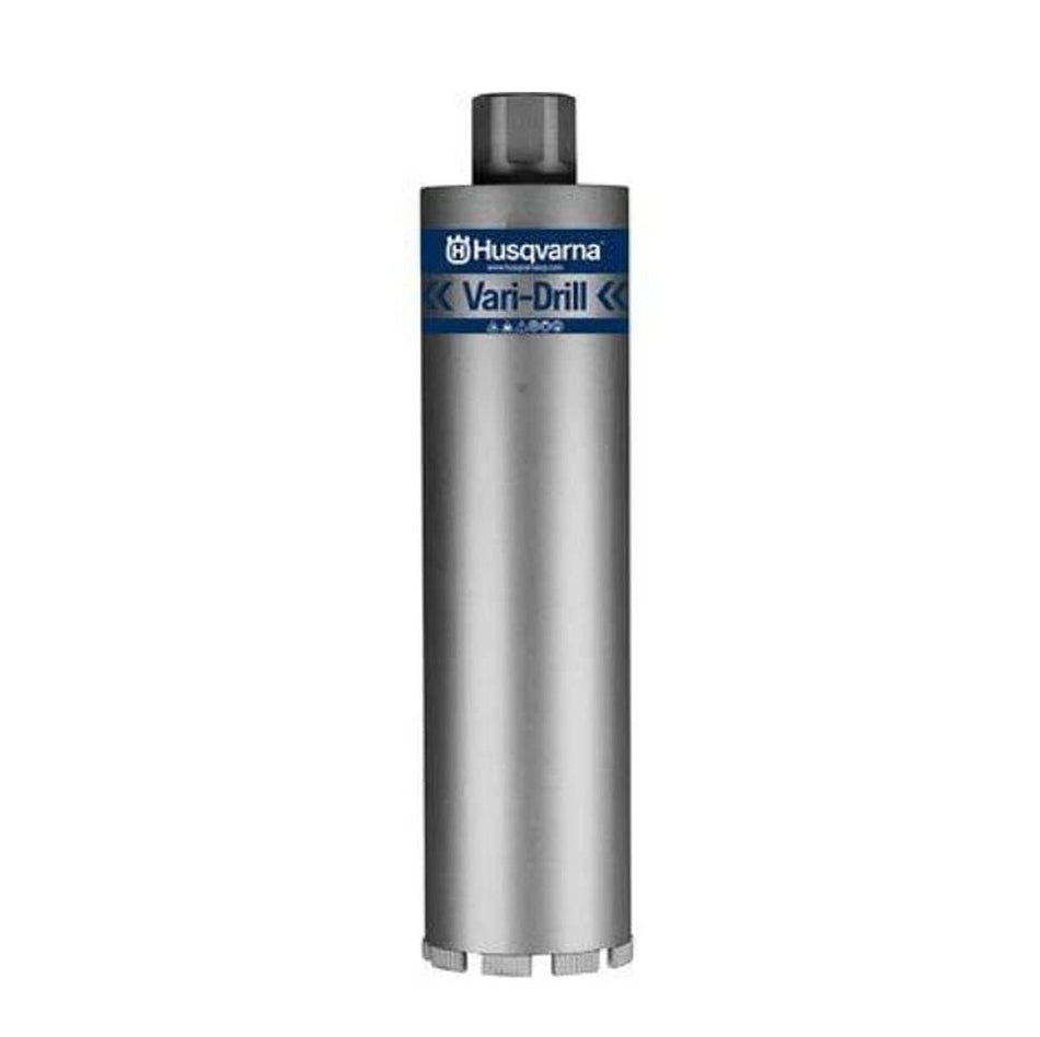 Studio product shot of the Husqvarna 594101504 Vari-Drill diamond core drill bit, featuring a long silver steel tube body with a blue brand label and segmented diamond cutting teeth at the tip.