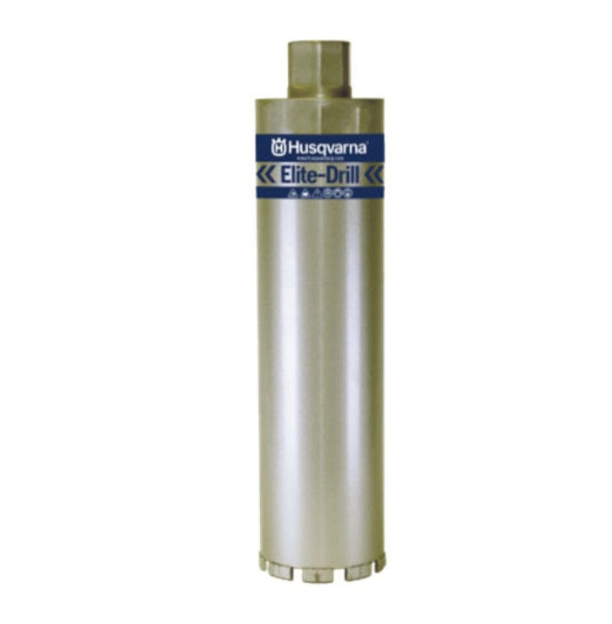 Studio product shot of the Husqvarna 595026801 Elite-Drill diamond core drill bit, featuring a long silver steel tube body with a blue and gold brand label and segmented diamond cutting teeth at the tip.