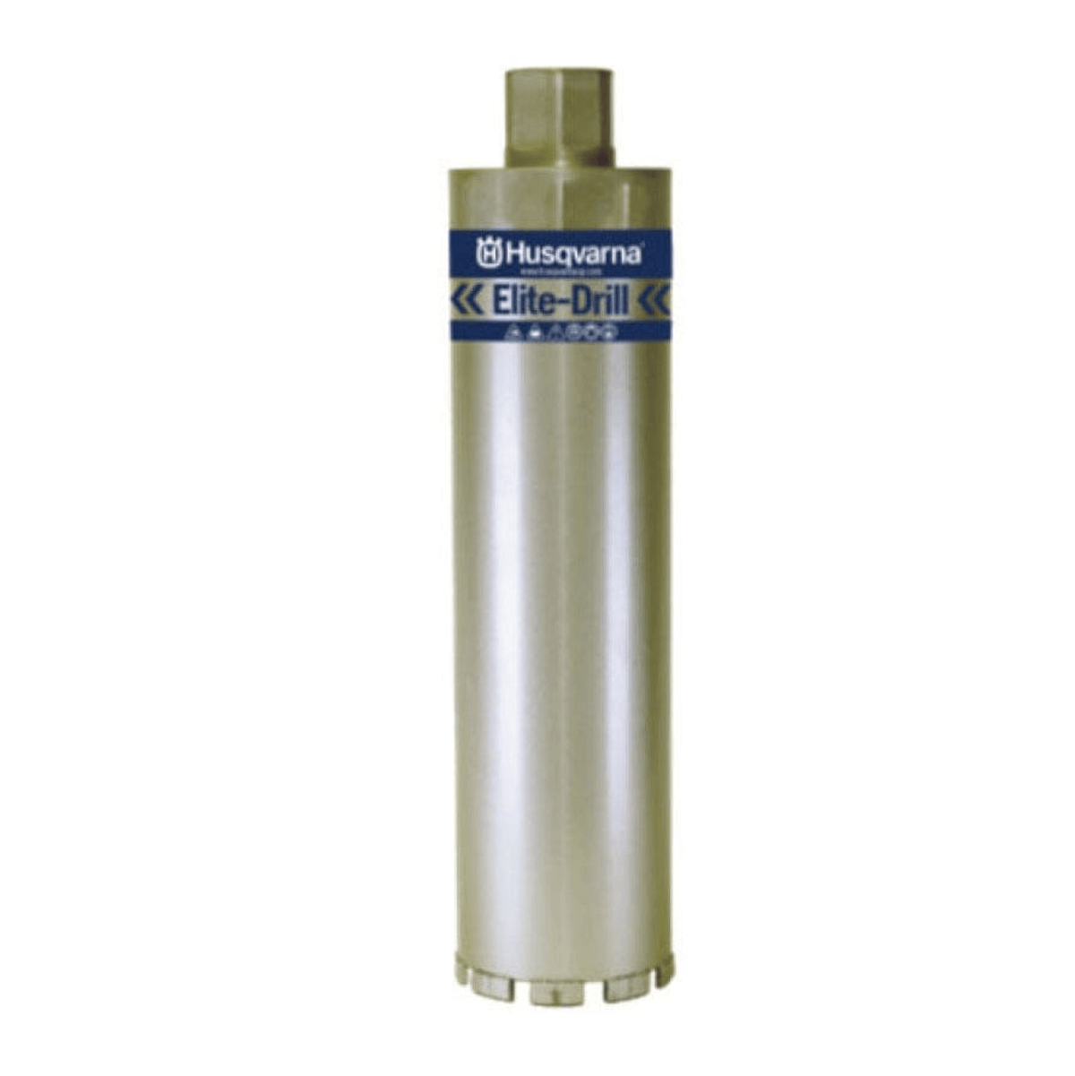 Studio product shot of the Husqvarna 595026801 Elite-Drill diamond core drill bit, featuring a long silver steel tube body with a blue and gold brand label and segmented diamond cutting teeth at the tip.