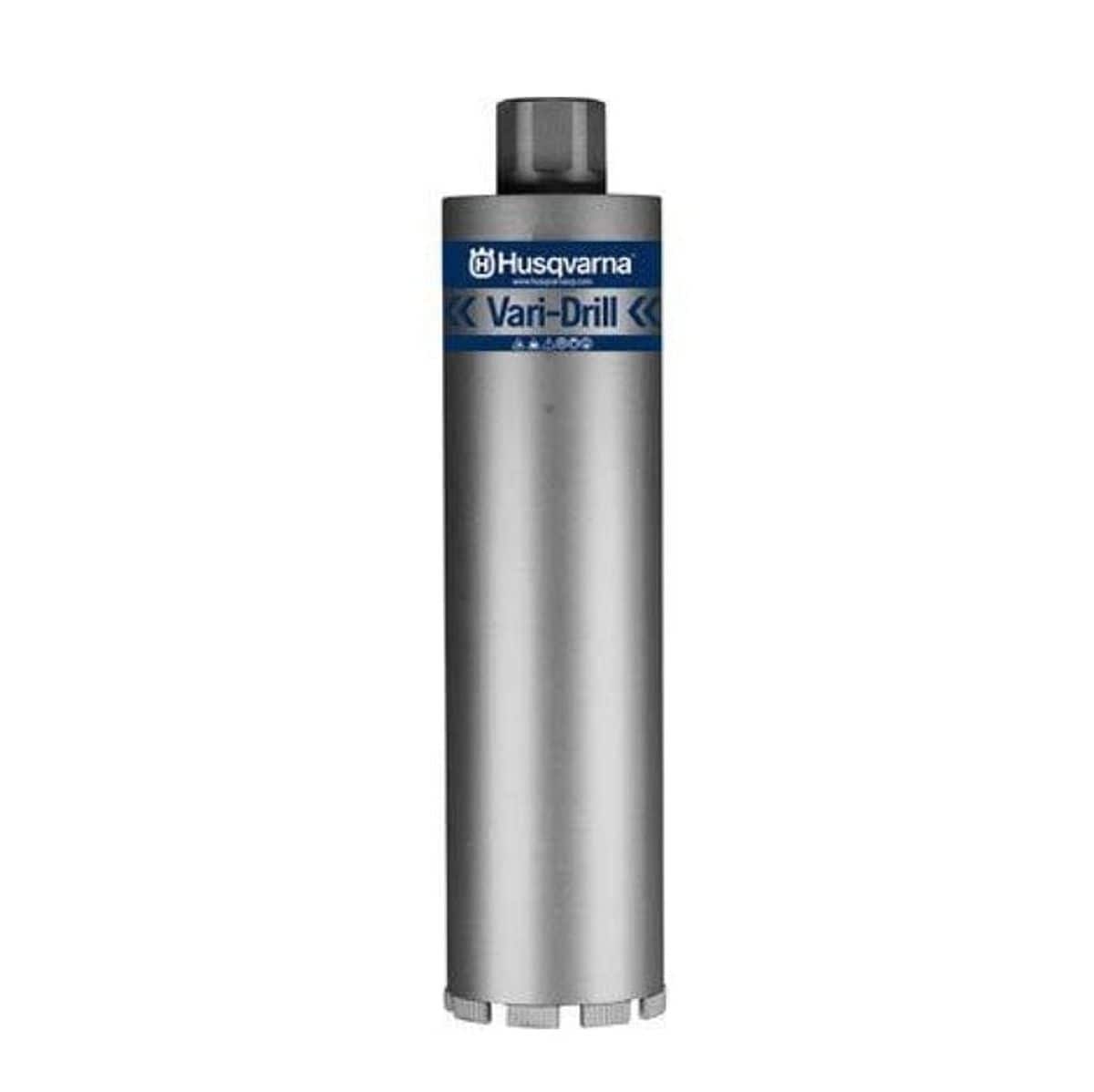 Studio product shot of the Husqvarna 595934202 Vari-Drill diamond core drill bit, featuring a long silver steel tube body with a blue brand label and segmented diamond cutting teeth at the tip.