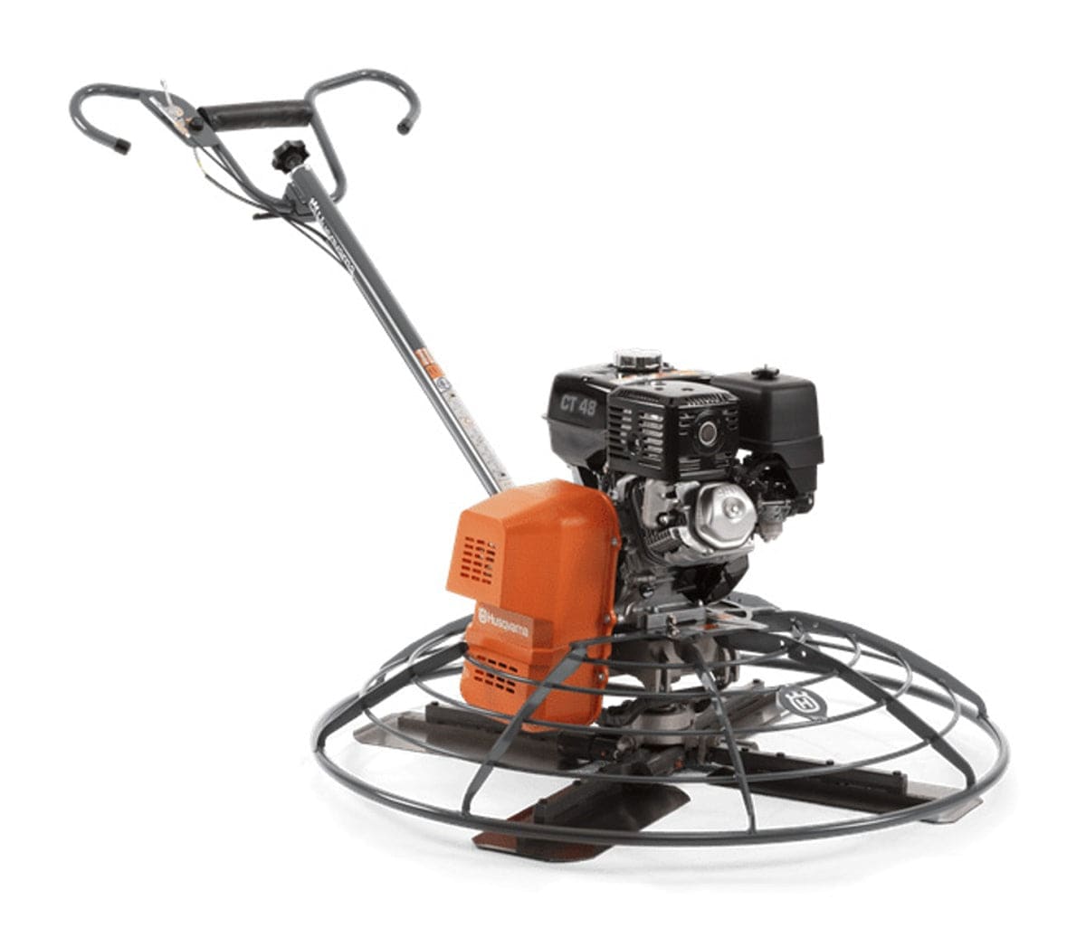 A perspective view of the Husqvarna CT 48 walk-behind power trowel featuring a 48-inch finishing diameter, an orange belt guard, and a Honda GX390 engine, designed for medium to large concrete finishing projects.