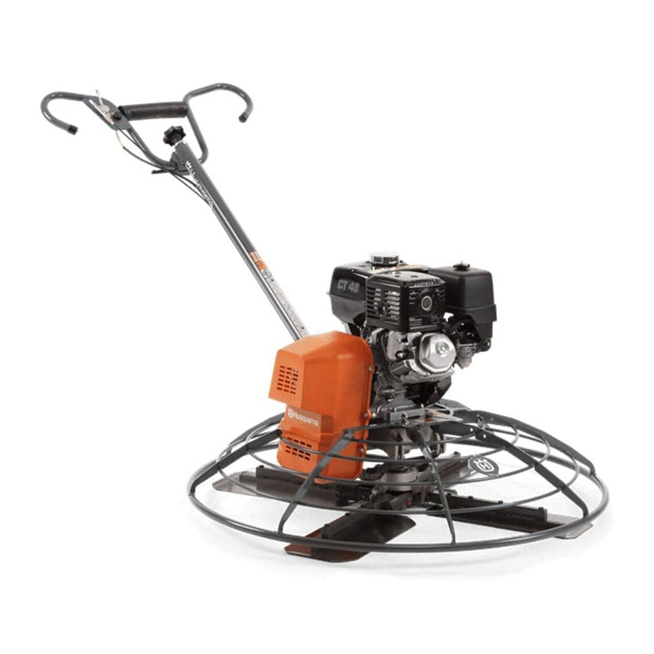 A perspective view of the Husqvarna CT 48 walk-behind power trowel featuring a 48-inch finishing diameter, an orange belt guard, and a Honda GX390 engine, designed for medium to large concrete finishing projects.