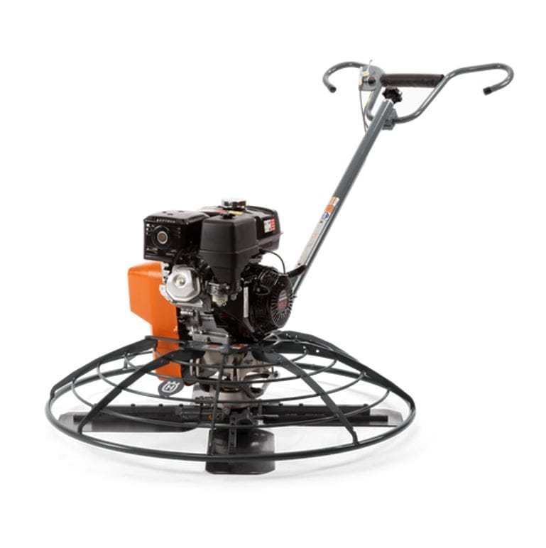 Rear angle view of the Husqvarna CT 48 concrete power trowel highlighting the industrial circular blade cage, adjustable Pro-Handle for ergonomic control, and the petrol-powered Honda engine.