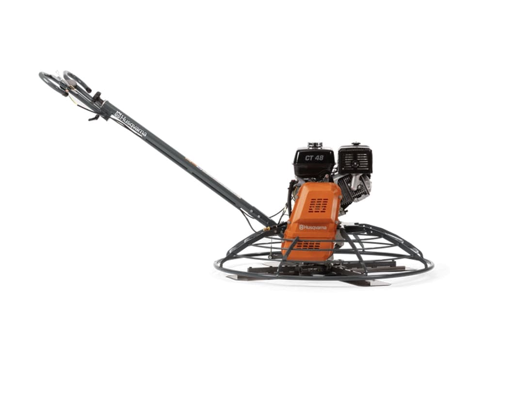 Side profile of the Husqvarna 48-inch walk-behind power trowel demonstrating the long-reach handle and low center of gravity for balanced and stable concrete burnishing.