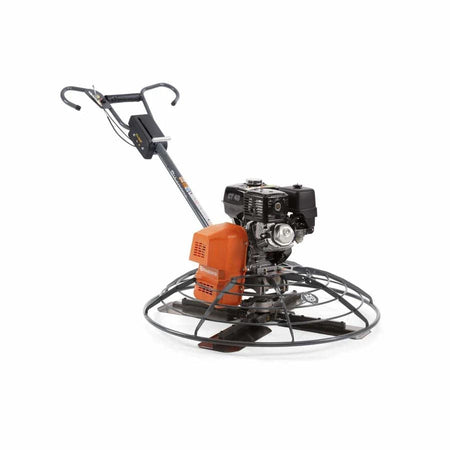 A high-angle view of the Husqvarna CT 48 power trowel showing the integrated safety stop mechanism on the Pro-Handle and the heavy-duty four-blade finishing system.
