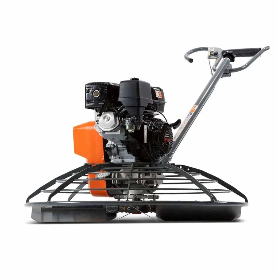 Front-facing view of the Husqvarna CT 48 walk-behind trowel emphasizing the 48-inch steel finishing blades and the robust protective cage for safe jobsite operation.