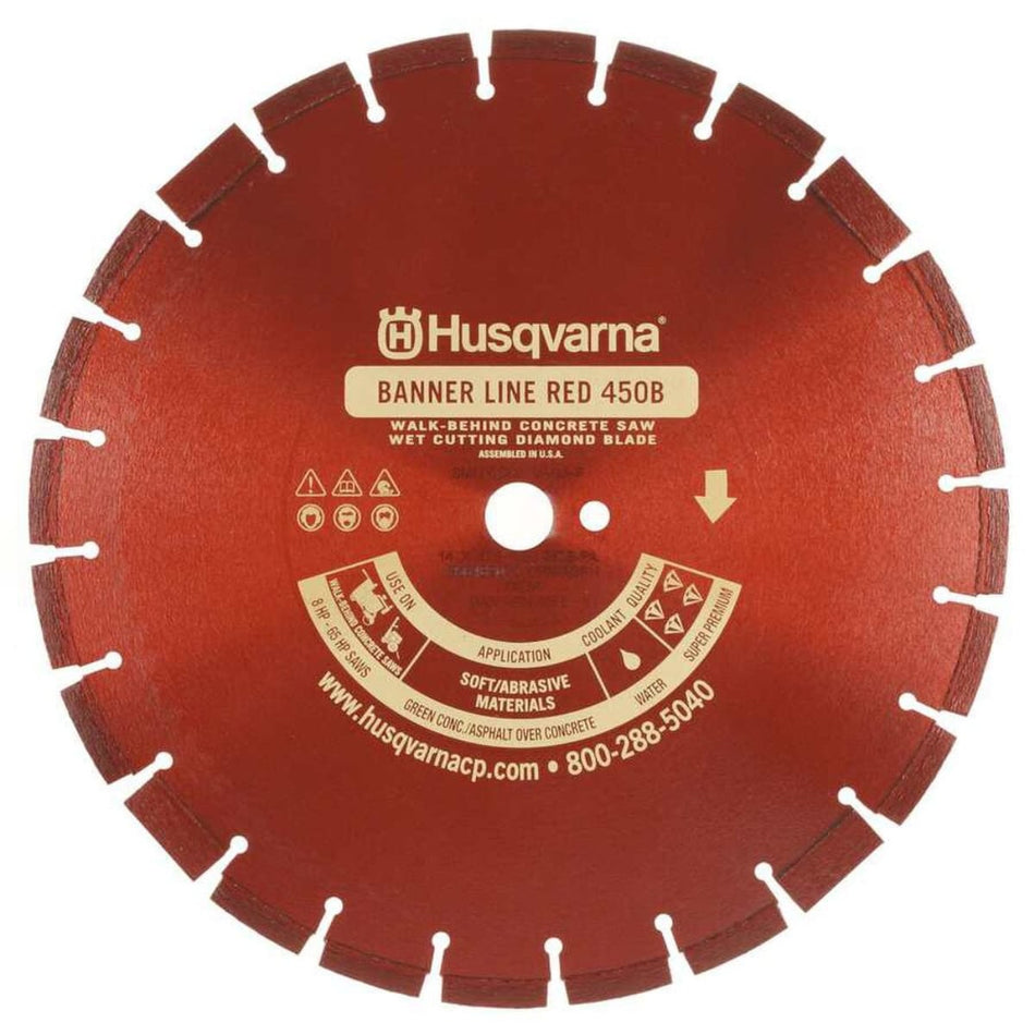 Husqvarna Banner Line Red 450B-R 20 inch segmented diamond blade for walk-behind concrete saws featuring narrow gullets and specialized segments for wet cutting green concrete and abrasive asphalt.
