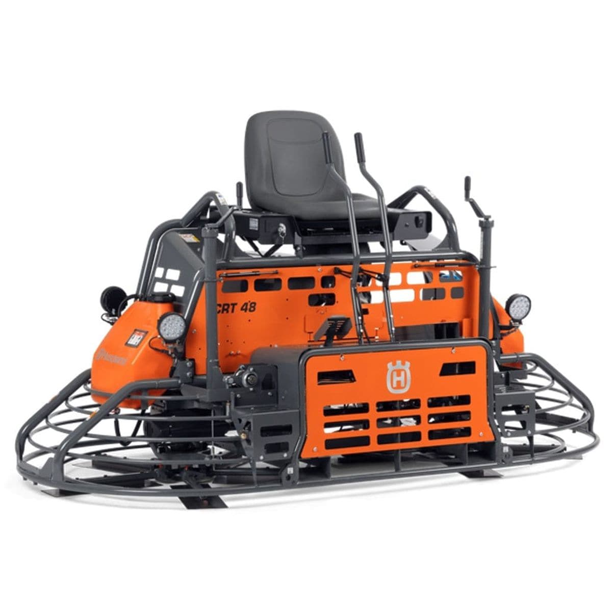 Husqvarna CRT 48 ride-on trowel with dual rotors, operator seat, and control levers for large-scale concrete finishing