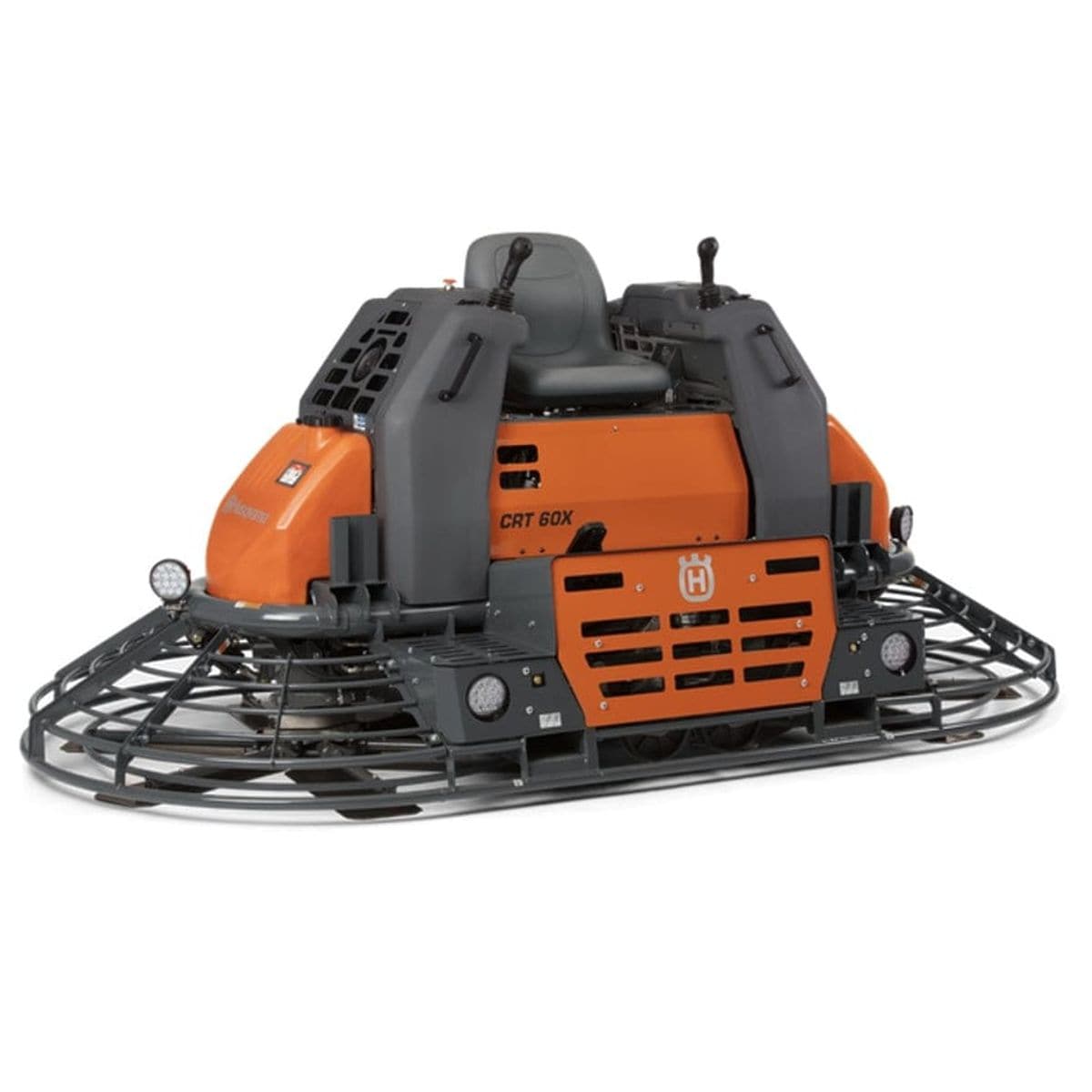 Husqvarna CRT 60X ride-on concrete trowel with operator seat, dual levers, and protective blade cages.