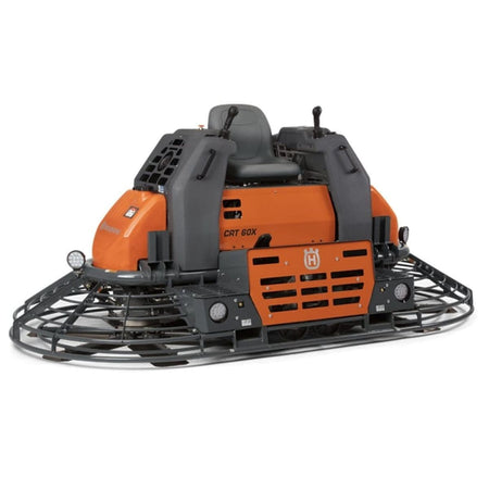 Husqvarna CRT 60X ride-on concrete trowel with operator seat, dual levers, and protective blade cages.