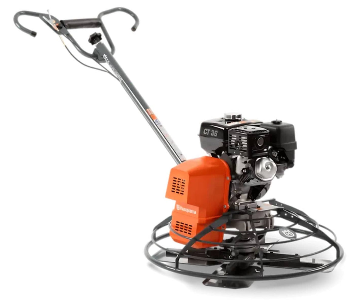 Perspective view of the Husqvarna CT 36 walk-behind power trowel featuring a 36-inch finishing diameter, orange belt guard, and a Honda GX240 engine designed for medium-sized concrete finishing projects.