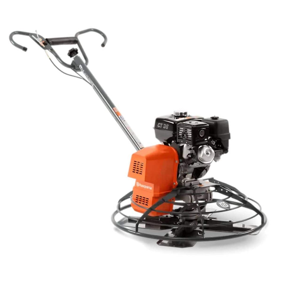 Perspective view of the Husqvarna CT 36 walk-behind power trowel featuring a 36-inch finishing diameter, orange belt guard, and a Honda GX240 engine designed for medium-sized concrete finishing projects.