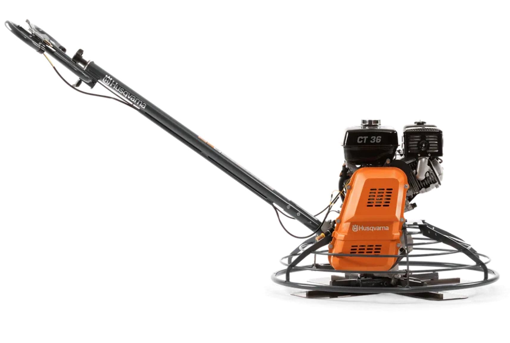 Side profile of the Husqvarna 36-inch walk-behind trowel showcasing the long-reach Pro-Shift handle and optimally balanced frame for stable concrete burnishing.