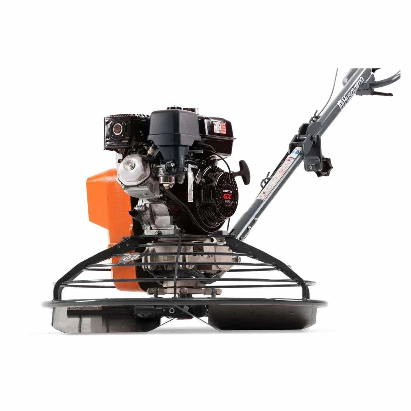 Front-facing view of the Husqvarna CT 36 power trowel emphasizing the 36-inch circular blade cage and the robust four-blade finishing system for professional concrete work.