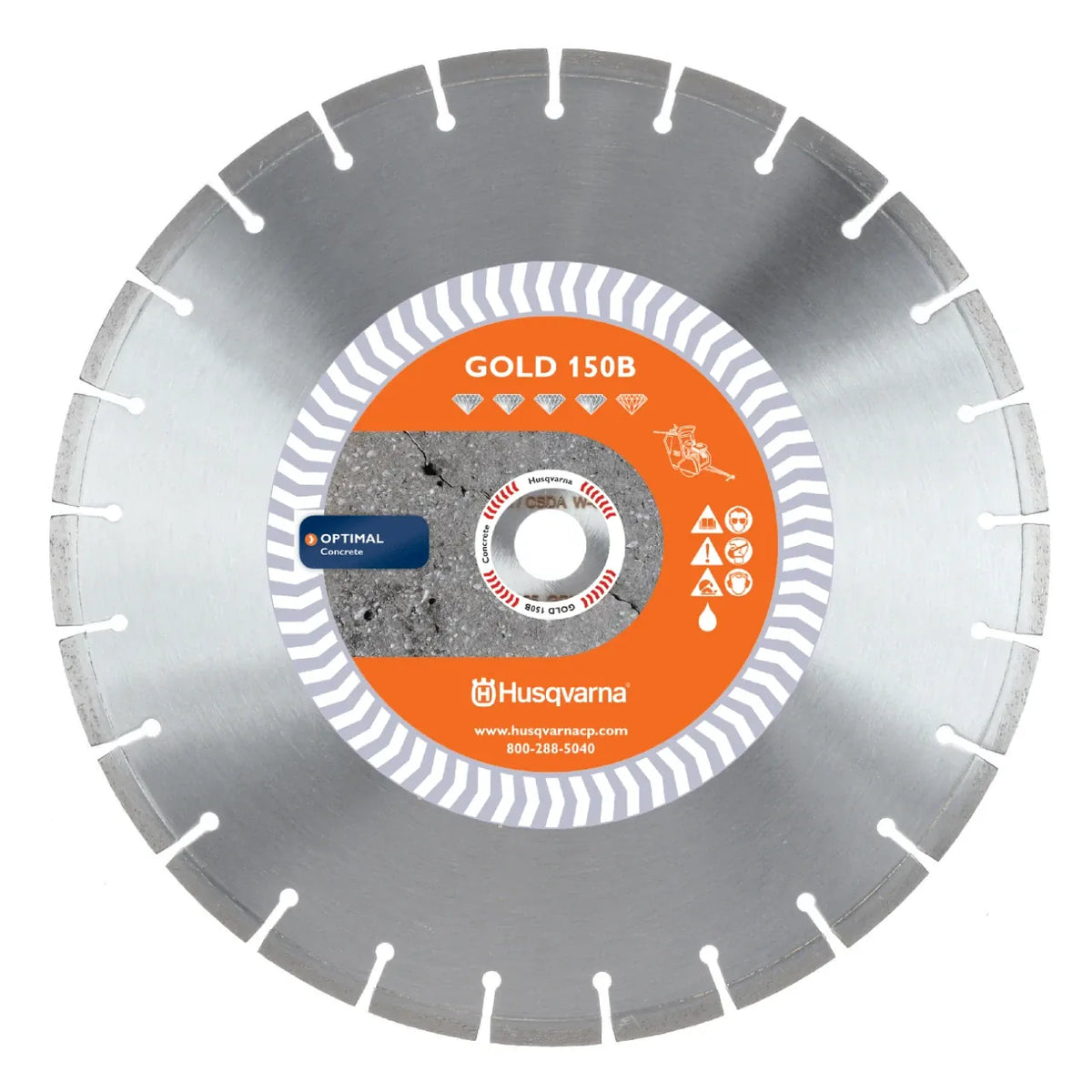 Husqvarna 542751022 18-inch Gold 150B diamond blade with a 1-inch arbor for wet cutting hard cured concrete on flat saws.