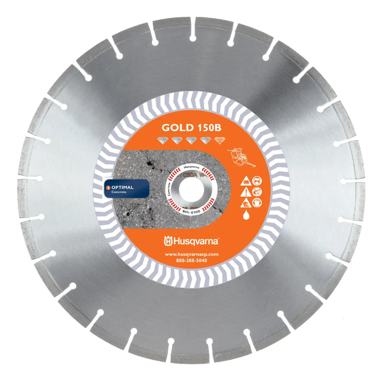 Husqvarna 542751022 18-inch Gold 150B diamond blade with a 1-inch arbor for wet cutting hard cured concrete on flat saws.