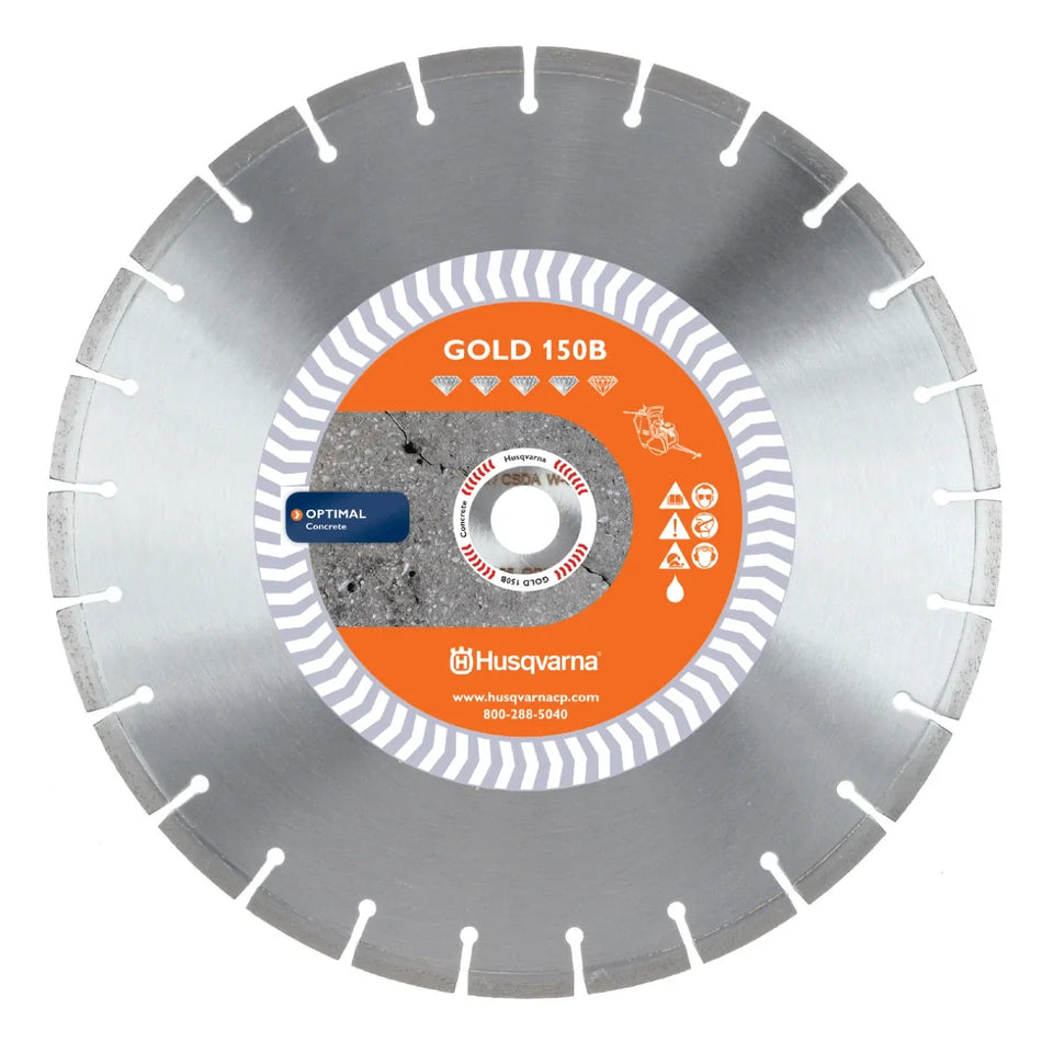 Husqvarna 542751022 18-inch Gold 150B diamond blade with a 1-inch arbor for wet cutting hard cured concrete on flat saws.