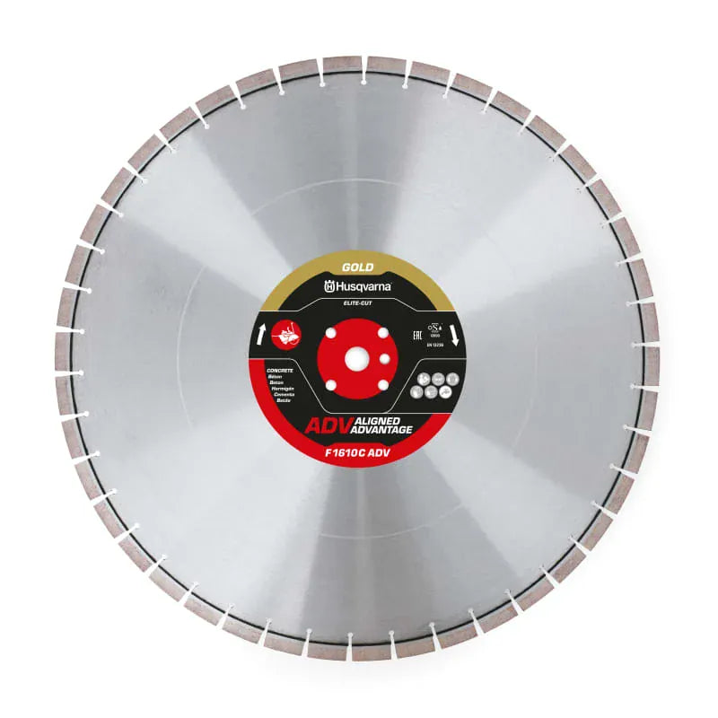 Husqvarna 20-inch Elite-Cut F1610C ADV Gold diamond floor-saw blade with LOU arbor for wet cutting cured concrete slabs.