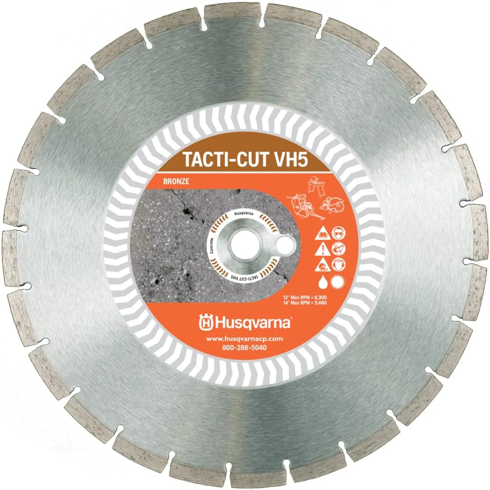 Full-facing studio shot of a Husqvarna Tacti-Cut VH5 diamond saw blade featuring a segmented rim, a bronze-level performance label with safety icons, and a 14-inch diameter specification.