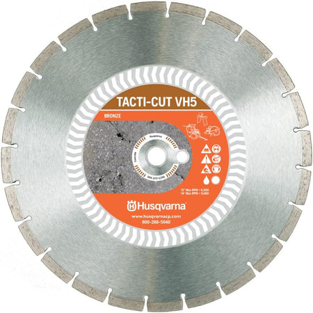 Full-facing studio shot of a Husqvarna Tacti-Cut VH5 diamond saw blade featuring a segmented rim, a bronze-level performance label with safety icons, and a 14-inch diameter specification.