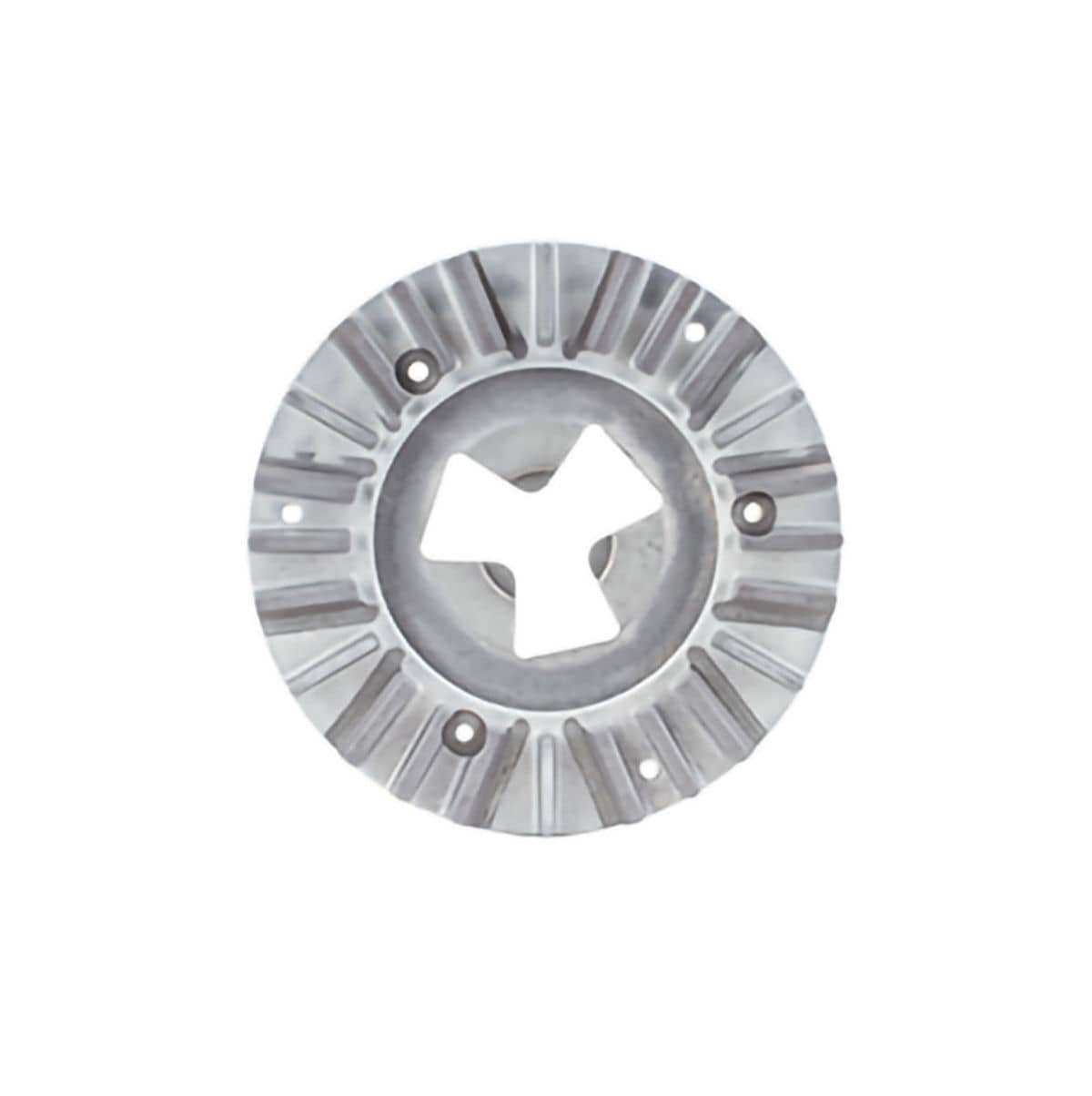 Metallic circular Husqvarna EZchange™ AirFlow tool holder with three-lobed center cut-out, radial grooves, and mounting holes; designed for heat-reducing concrete grinding applications.