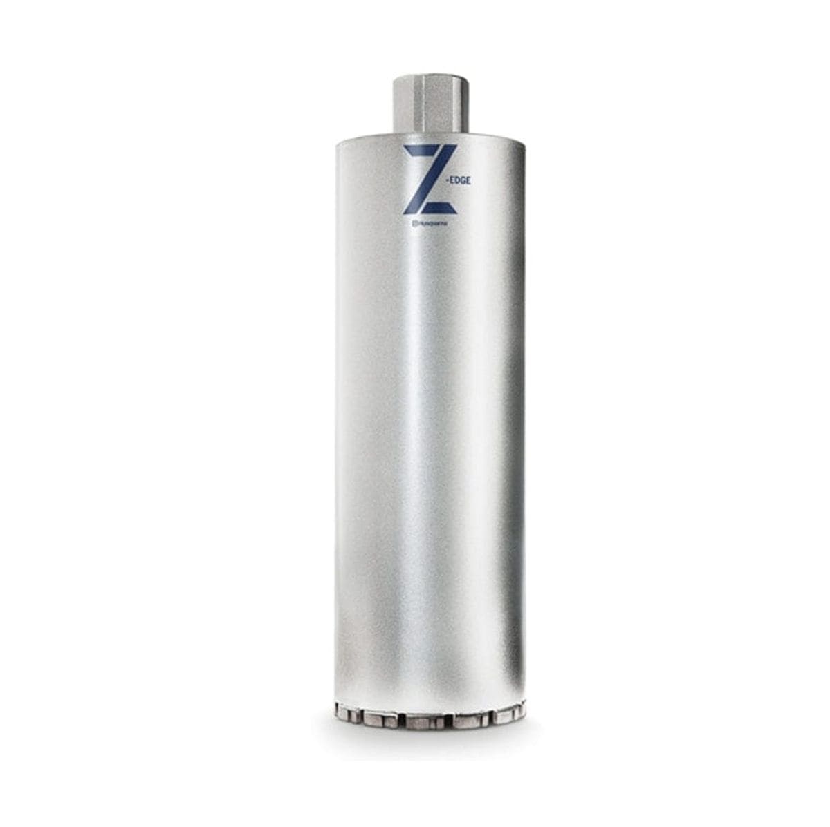 A professional studio photograph of the Husqvarna Elite-Drill B1410 diamond core bit, featuring a 1-3/8-inch diameter silver thin-wall tube with a blue Z-Edge logo and specialized diamond segments at the cutting edge.