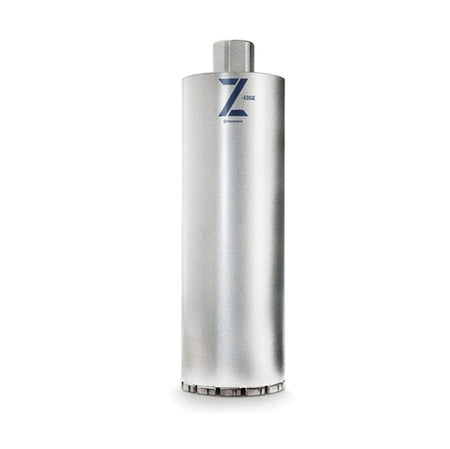 A professional studio photograph of the Husqvarna Elite-Drill B1410 diamond core bit, featuring a 1-3/8-inch diameter silver thin-wall tube with a blue Z-Edge logo and specialized diamond segments at the cutting edge.
