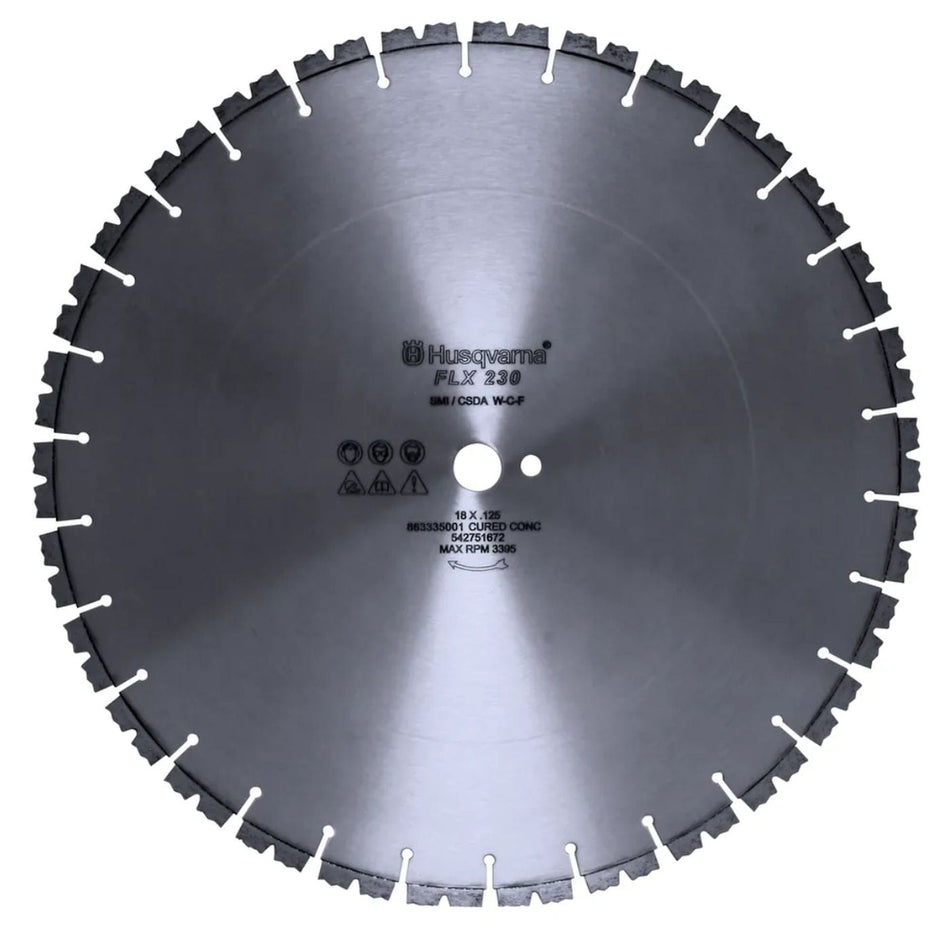 Husqvarna FLX 230 20 inch segmented turbo diamond blade for cutting cured concrete and masonry with visible cooling gullets and industrial diamond segments for high speed professional saw applications.