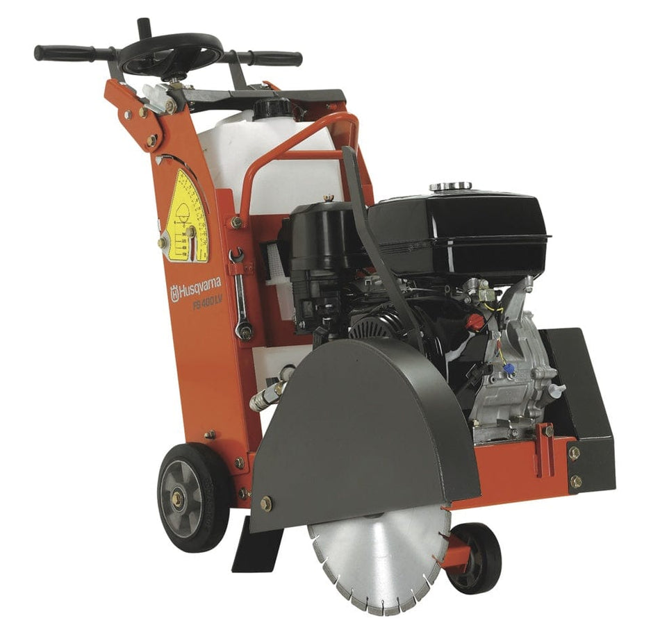 A three-quarter view of the assembled Husqvarna FS 400 LV Walk-Behind Concrete Saw, showing the orange frame, white water tank, black Honda engine, and the blade guard with the diamond blade visible.