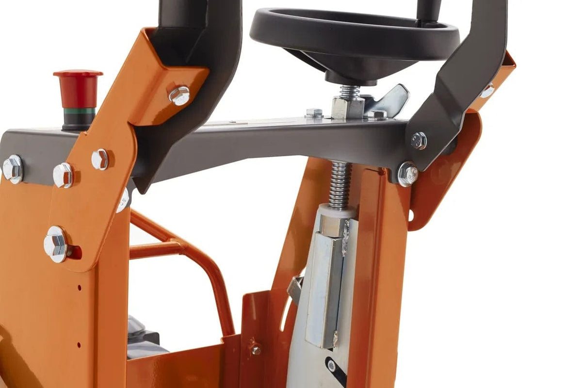 A close-up of the blade height adjustment mechanism on the concrete saw, showing the hand wheel, the threaded shaft, and the heavy-duty metal frame components.