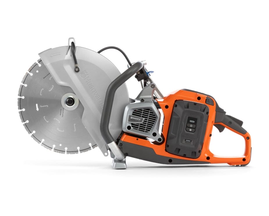 A full right-side profile of the Husqvarna K1 PACE power cutter showing the motor cooling vents, the PACE battery interface, and the large diameter cutting blade.