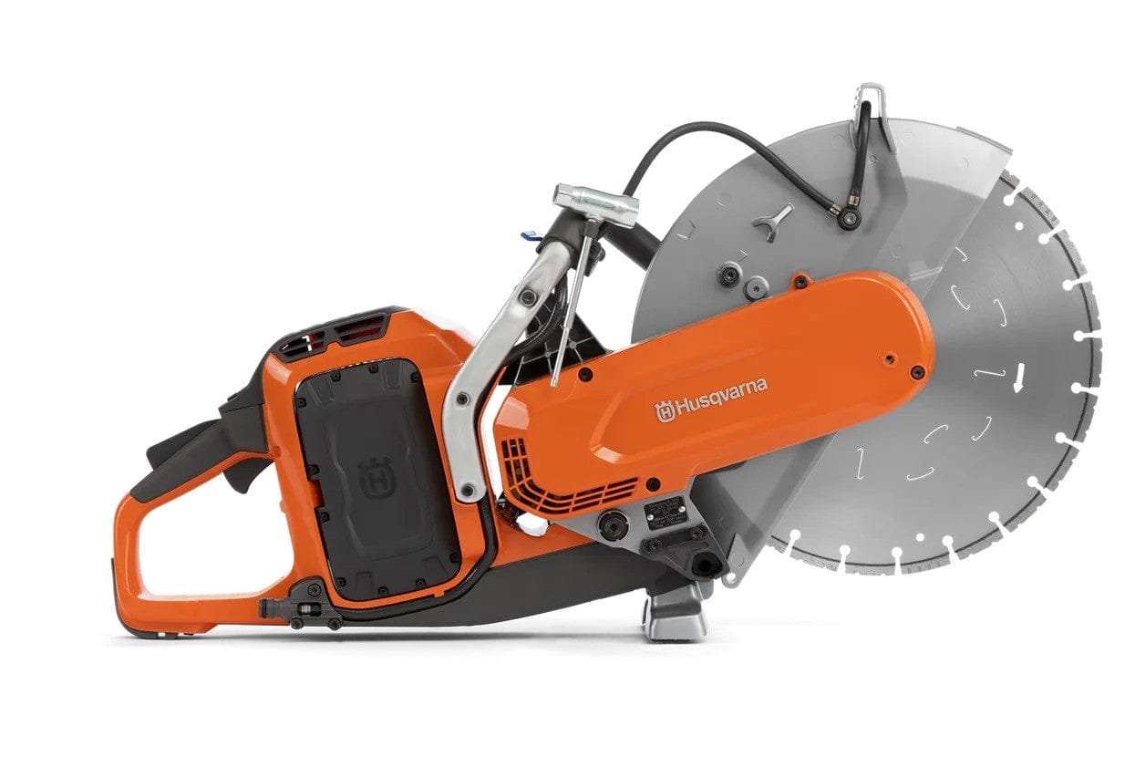 A full left-side profile of the Husqvarna K1 PACE cordless concrete saw with the 14-inch diamond blade attached and the blade guard in the standard operating position.