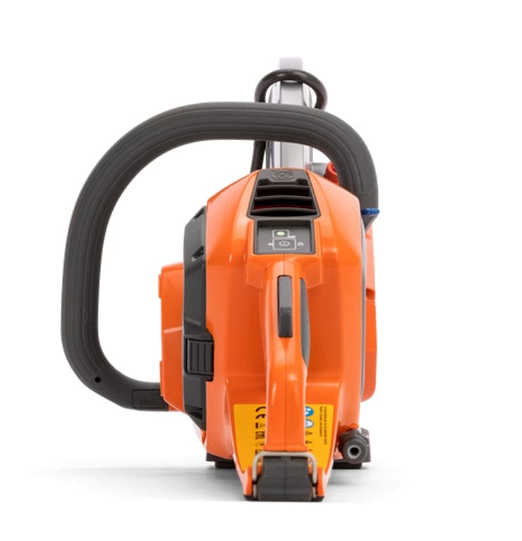 Front view of the Husqvarna K535i cordless saw, showing the ergonomic rear handle, intuitive keypad, and the centralized battery slot for balanced operation.