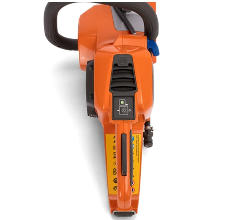 Top-down view of the Husqvarna K535i cordless cut-off saw's rear handle, showing the intuitive keypad with power and SavE mode buttons, and the battery charge indicator lights.