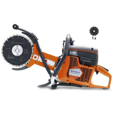 A professional studio photograph of the Husqvarna K760 Cut-n-Break II gas concrete saw, featuring its signature orange housing, twin 9-inch diamond blades, and 16-inch deep cutting arm.
