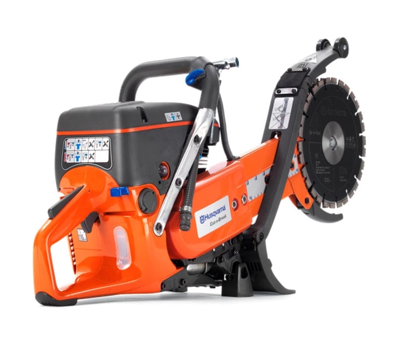 A left-side profile studio photograph of the Husqvarna K760 Cut-n-Break II highlighting the drive belt cover and the deep-cutting blade arm.