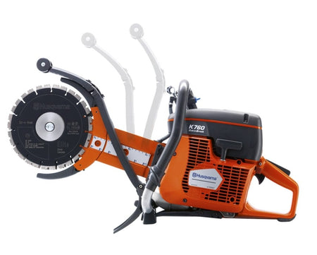 A side-view studio photograph of the Husqvarna K760 Cut-n-Break II showcasing the adjustable blade guard positions for deep cutting versatility.