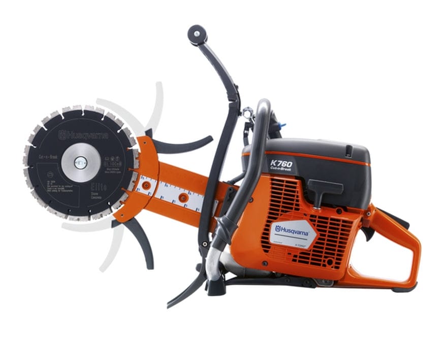 A side-view studio photograph of the Husqvarna K760 Cut-n-Break II illustrating the range of motion for the adjustable blade arm and guard.