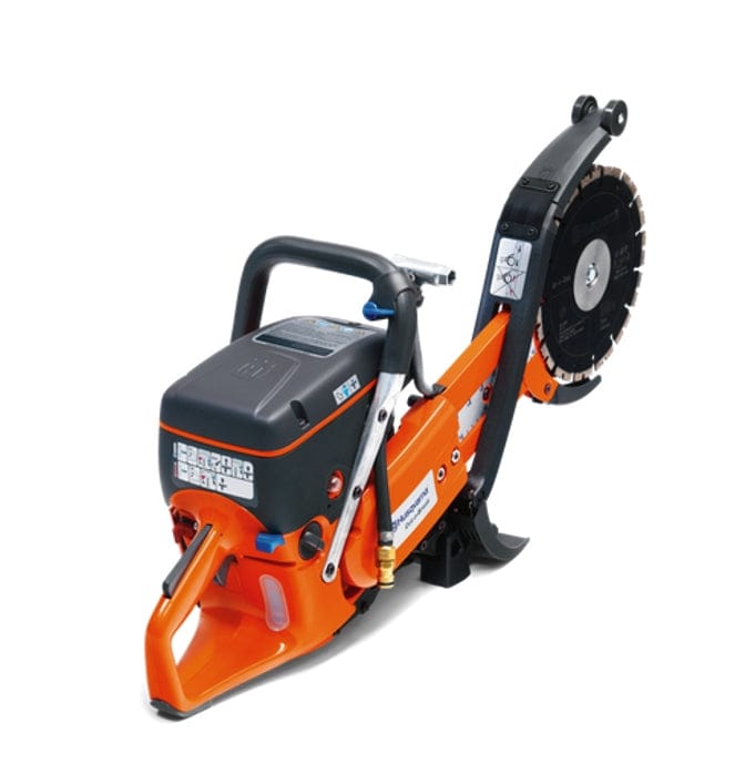 A rear-angled studio photograph of the Husqvarna K760 Cut-n-Break II highlighting the rear handle assembly and air filtration cover.