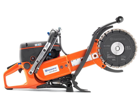 A right-side profile studio photograph of the Husqvarna K760 Cut-n-Break II power cutter showing the starter handle, fuel tank, and water connection port.