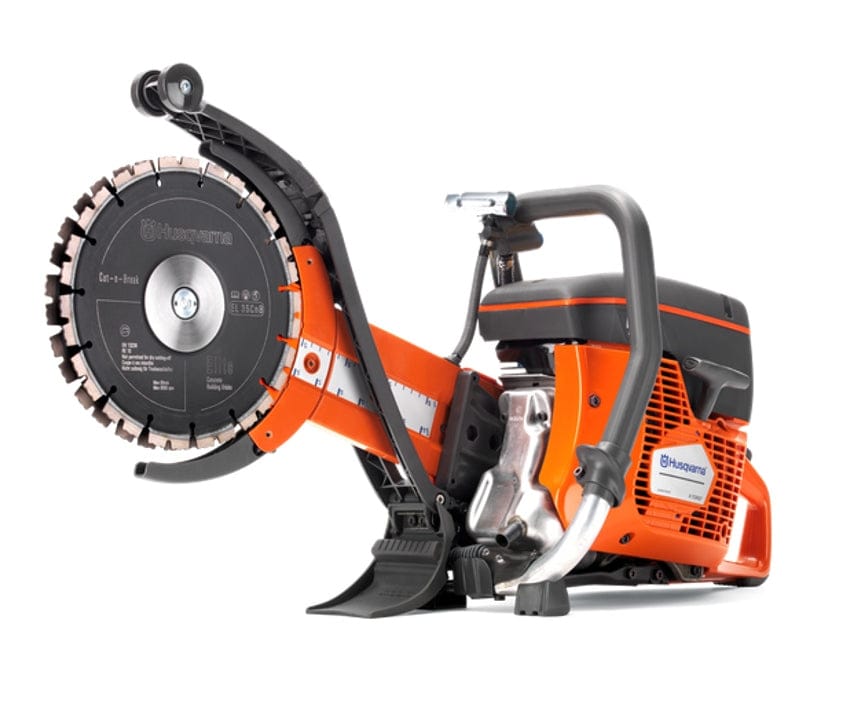 A studio photograph of the Husqvarna K760 Cut-n-Break II power cutter highlighting the specialized twin-blade cutting head and the orange support base.
