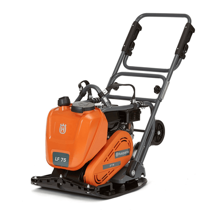 Husqvarna LF75 plate compactor featuring orange housing, visible engine, and vibration plate for compacting soil and asphalt surfaces.