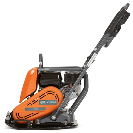 Front view of Husqvarna LF75 plate compactor with orange casing, flat base plate, and maneuvering handle for surface preparation tasks.