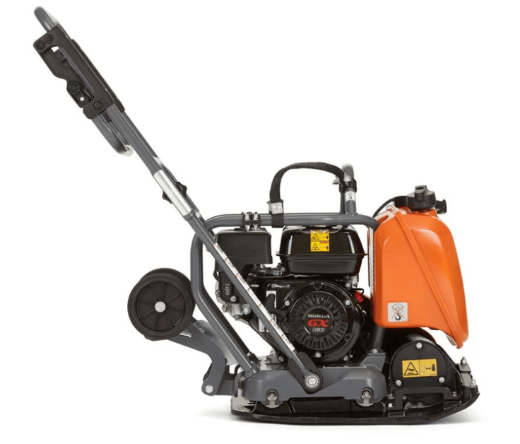 Husqvarna LF75 plate compactor powered by Honda GX engine with orange fuel tank, recoil starter, and protective frame for asphalt and soil compaction.