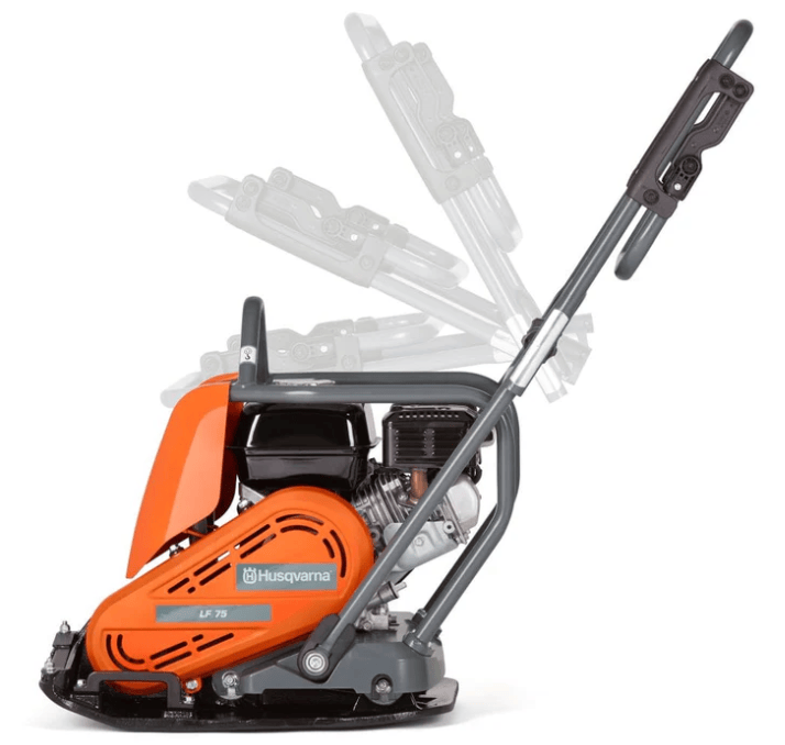 Husqvarna LF75 plate compactor with foldable handle shown in multiple positions, highlighting its adjustable design and compact storage capability.