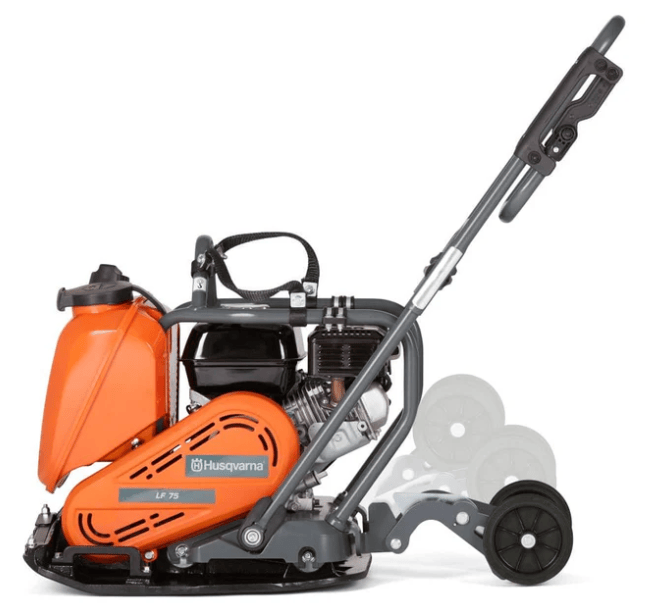 Side view of Husqvarna LF75 plate compactor showing orange casing, maneuvering handle, and rear transport wheels for mobility.