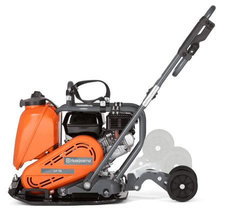 Side view of Husqvarna LF75 plate compactor showing orange casing, maneuvering handle, and rear transport wheels for mobility.