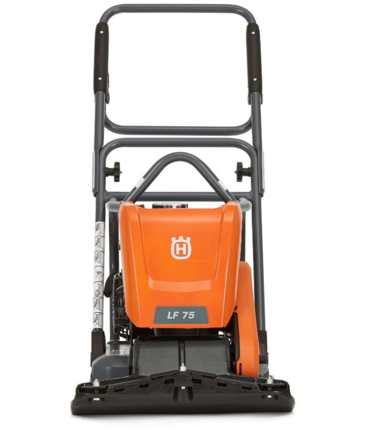 Front-facing Husqvarna LF75 plate compactor with orange casing, maneuvering handle, and flat base plate, used for construction and landscaping compaction