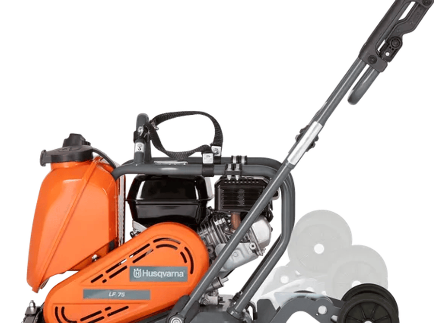 Side view of Husqvarna LF75 plate compactor with visible branding, fuel tank, and engine, designed for compacting asphalt, soil, and gravel.