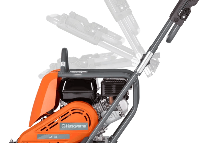 Close-up of Husqvarna LF75 plate compactor showing orange casing, adjustable handle positions, and exposed engine components for maintenance access.
